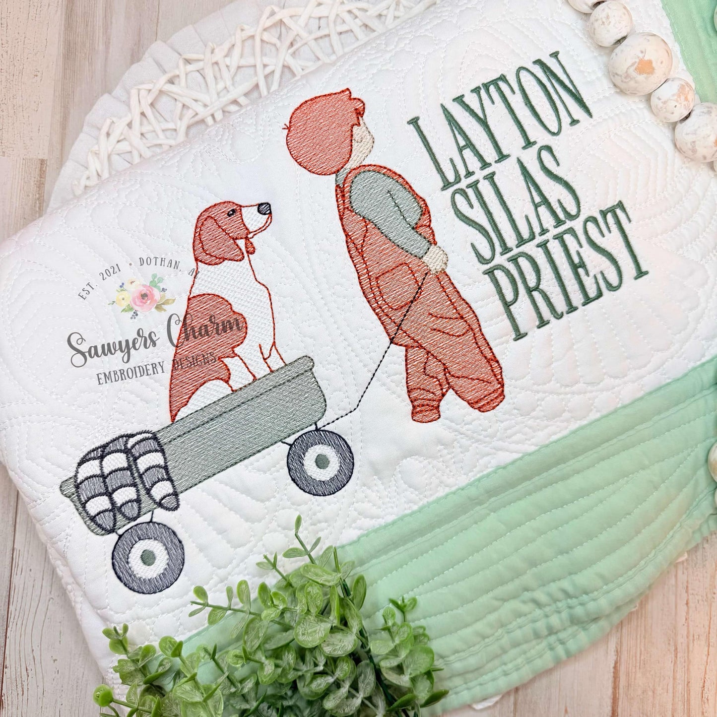 Little boy pulling wagon with coonhound dog sketch stitch machine embroidery design, coon hunting, outdoors