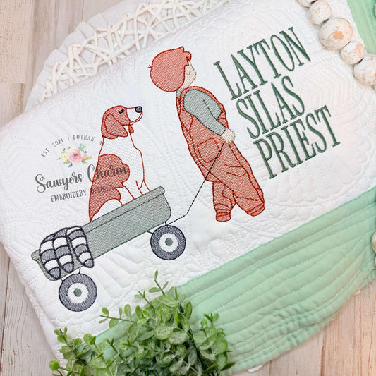 Little boy pulling wagon with coonhound dog sketch stitch machine embroidery design, coon hunting, outdoors