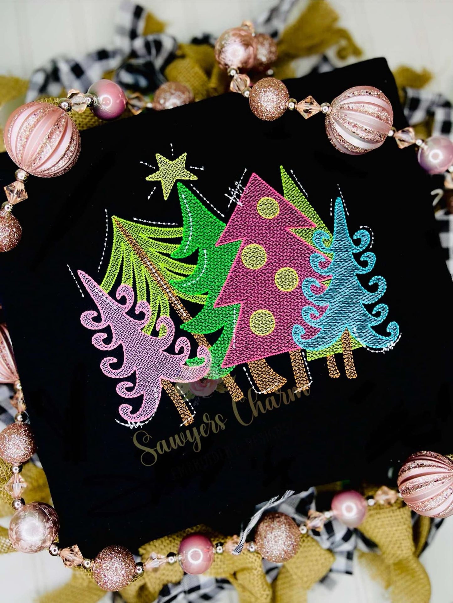 Whimsical, modern, woodland trees with star light fill sketch stitch machine embroidery design, happy holidays, Merry Christmas, coquette