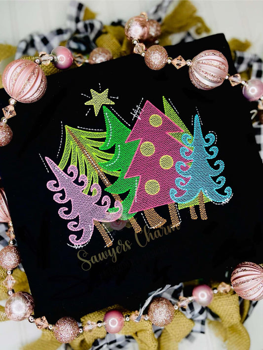 Whimsical, modern, woodland trees with star light fill sketch stitch machine embroidery design, happy holidays, Merry Christmas, coquette