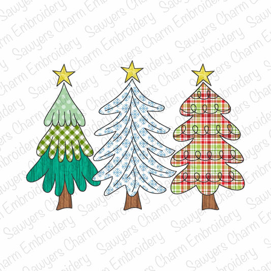 Whimsical Christmas trees trio with stars bean stitch machine applique embroidery design, Woodland, boho, modern, trendy, preppy holiday