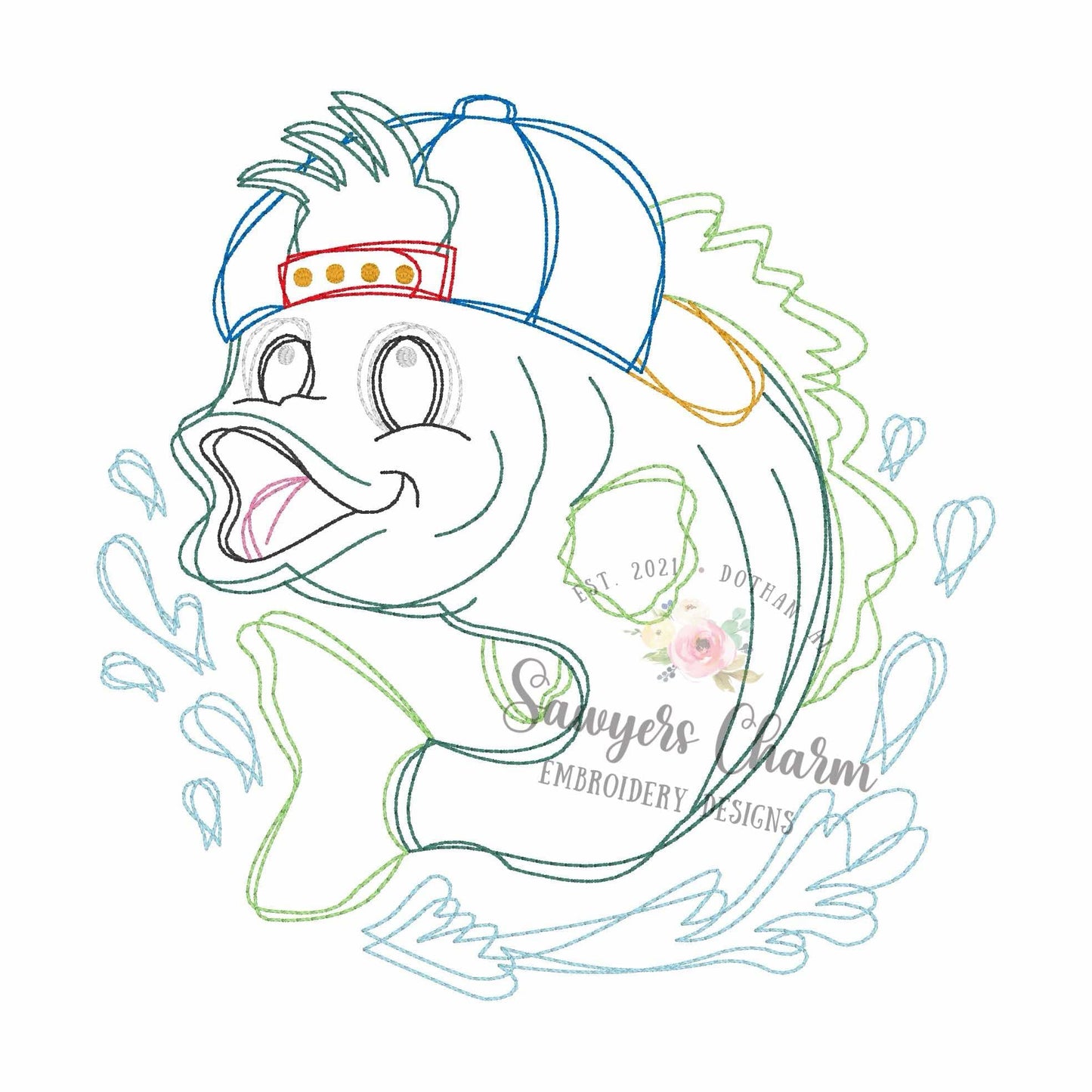 Bass fish squiggly bean stitch embroidery design, ballcap/hat, summer fishing, lots of sizes included