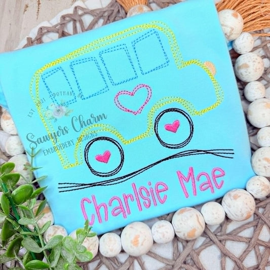 Squiggly Back to school bus with hearts, bean stitch embroidery design file, quick stitch, scribble, student transportation