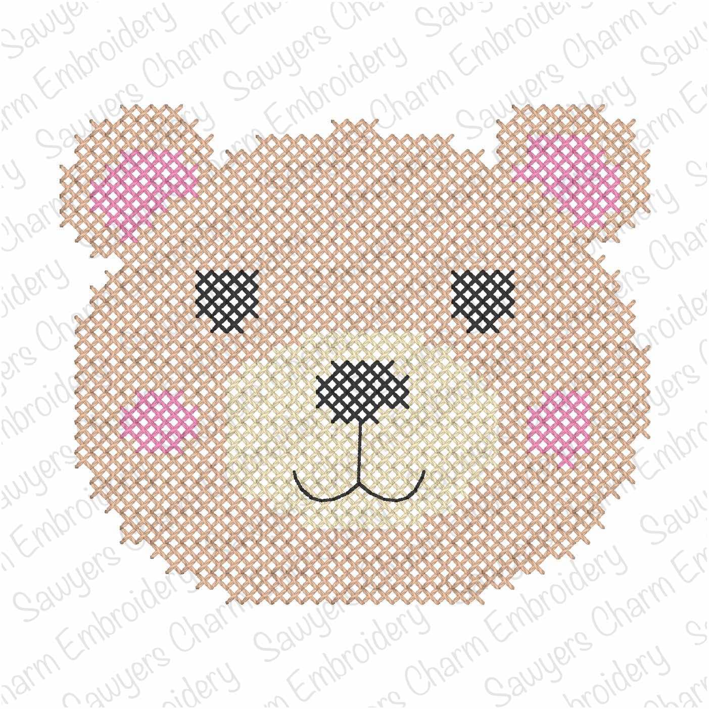 BUNDLE Cross stitch teddy bear machine embroidery design file, includes coquette bow, vintage stitch