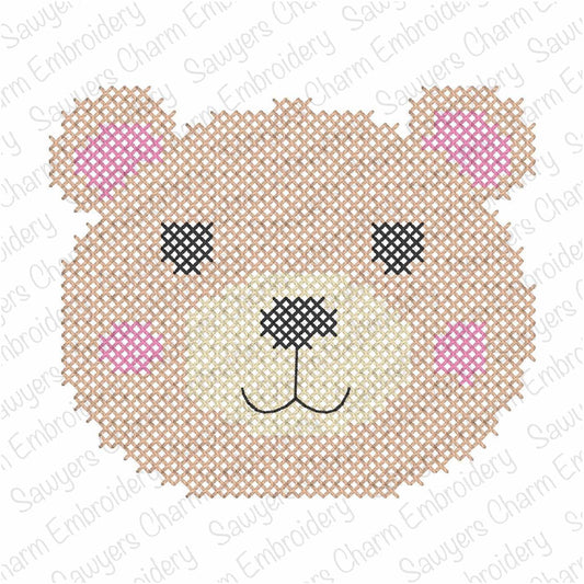 BUNDLE Cross stitch teddy bear machine embroidery design file, includes coquette bow, vintage stitch