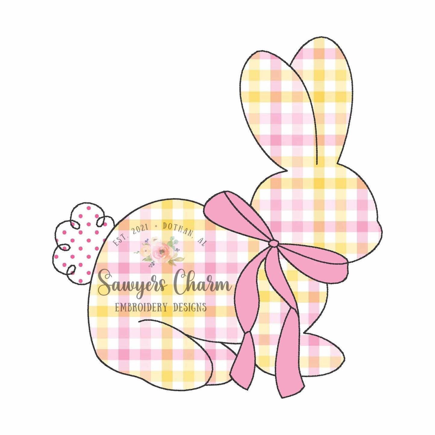 Bunny rabbit with coquette bow bean stitch machine applique embroidery design, Easter & spring