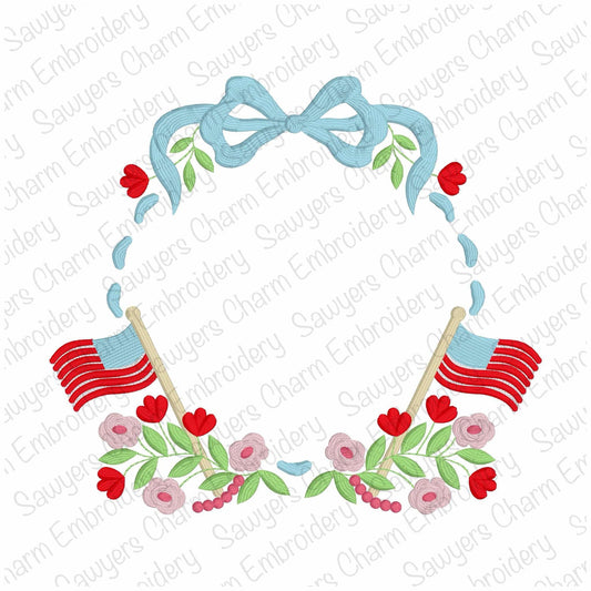 Patriotic floral with coquette bow monogram frame, machine embroidery design, 4th of July, American flags