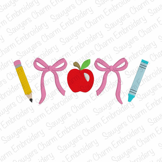 Trendy coquette bows back to school fill stitch, machine embroidery design file, crayon, pencil, apple, teacher, larger sizes, supplies