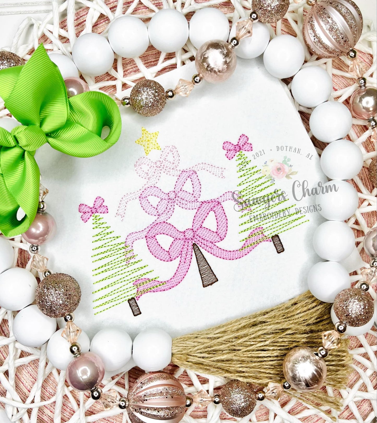 Coquette Bows Christmas trees trio sketch stitch, machine embroidery design file, quick stitch, happy holidays, star, bean stitch