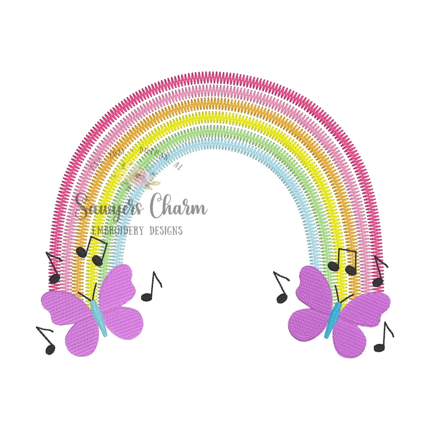 Butterfly rainbow embroidery design, music notes, zig zag and fill stitch