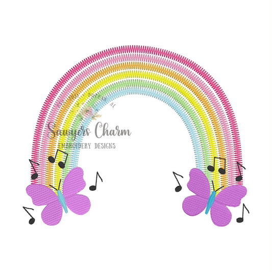 Butterfly rainbow embroidery design, music notes, zig zag and fill stitch
