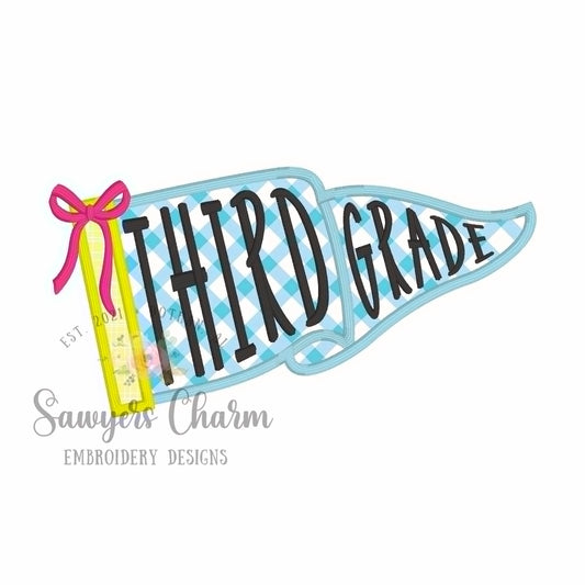 Third Grade Pennant satin stitch applique, with coquette bow, ITH project, back to school