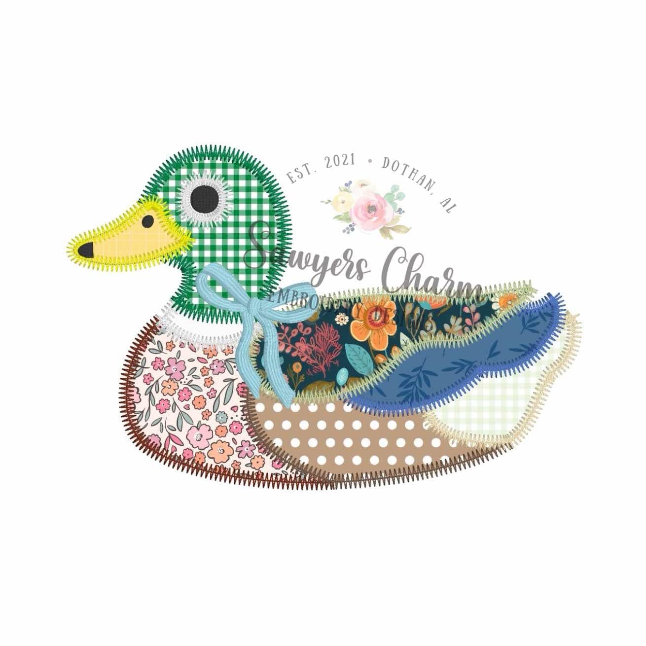 Patchwork mallard duck, zig zag stitch applique BUNDLE, embroidery design, with/without coquette bow, Vintage, spring