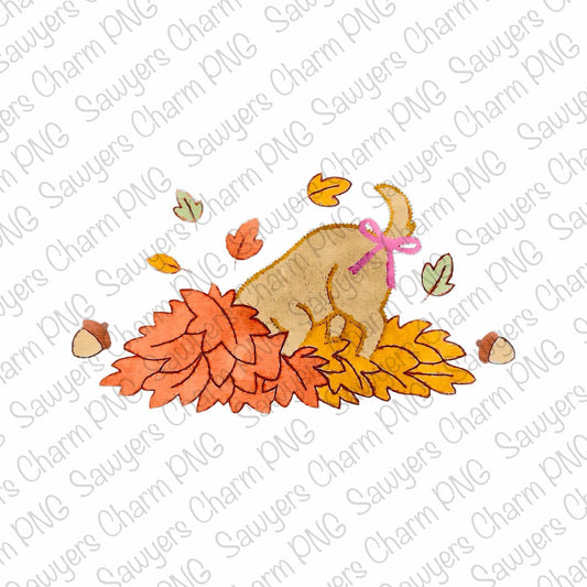 BUNDLE PNG watercolor Dog playing in fall leaves Printable file/Sublimation/Heat Transfer Design/Digital Clipart, includes pink coquette bow