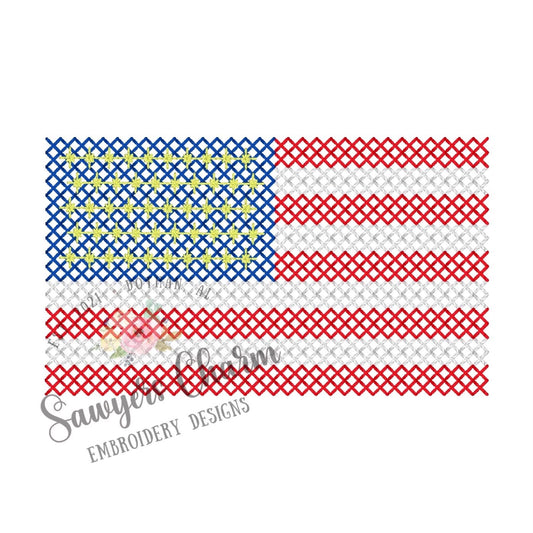 Cross-stitch American flag embroidery design, July 4th, patriotic stars & stripes, mini sizes included