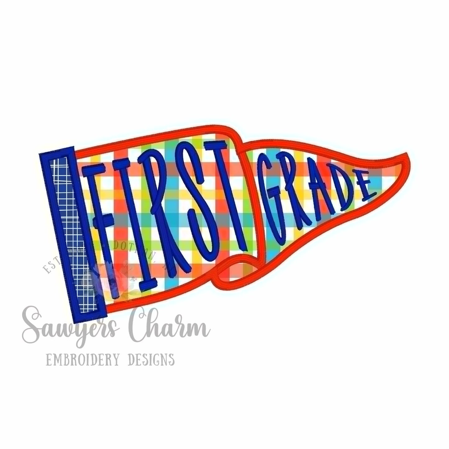 First Grade Pennant satin stitch applique, with coquette bow, ITH project, back to school