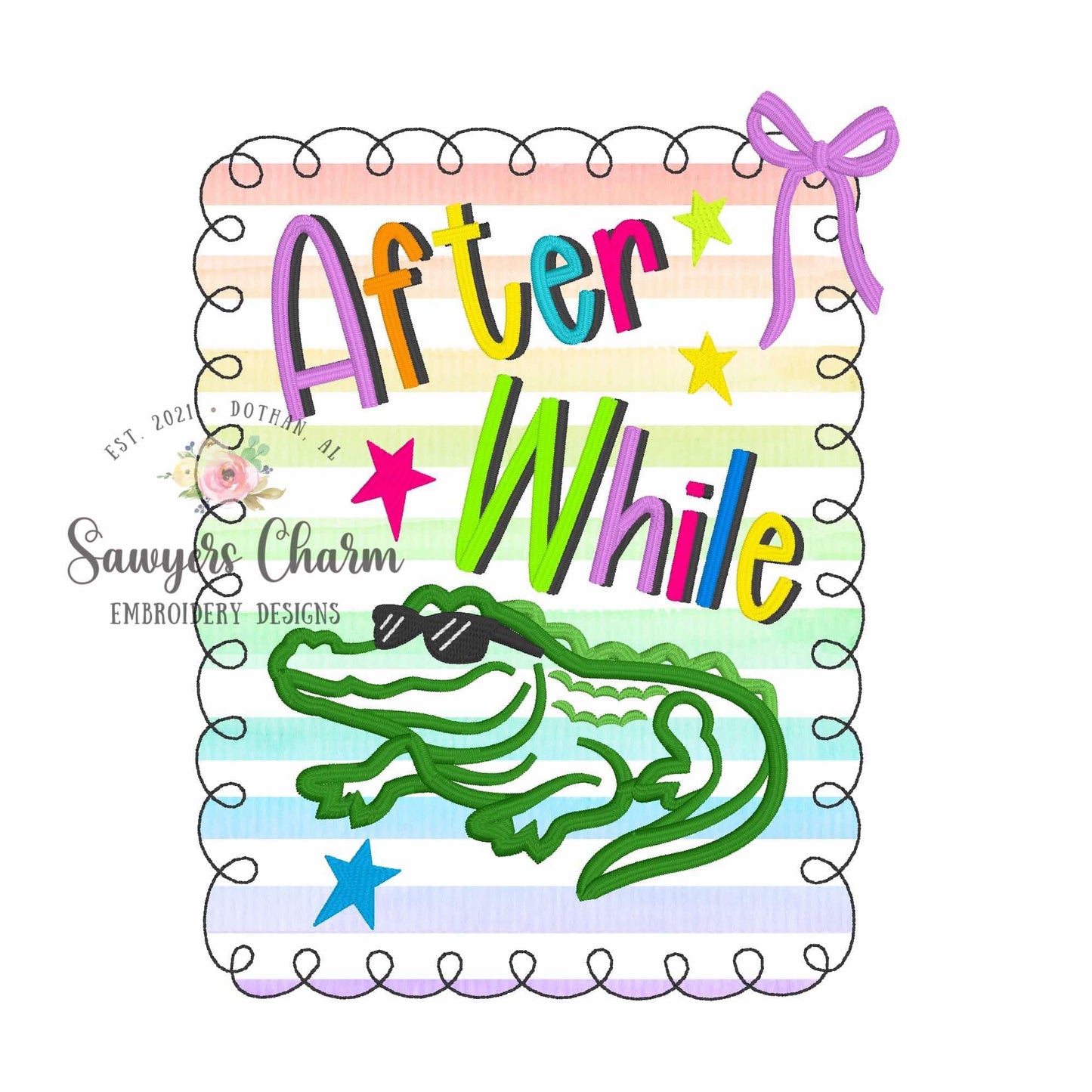 After While Crocodile bean stitch applique BUNDLE, machine embroidery design, with/without coquette bow, satin stitch star doodles