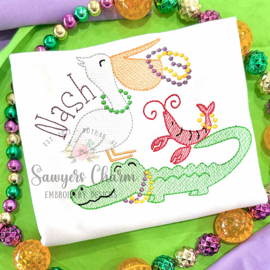 Mardi Gras stacked animals & beads sketch stitch machine embroidery design file, quick stitch, alligator, crawfish, pelican, beans stitch