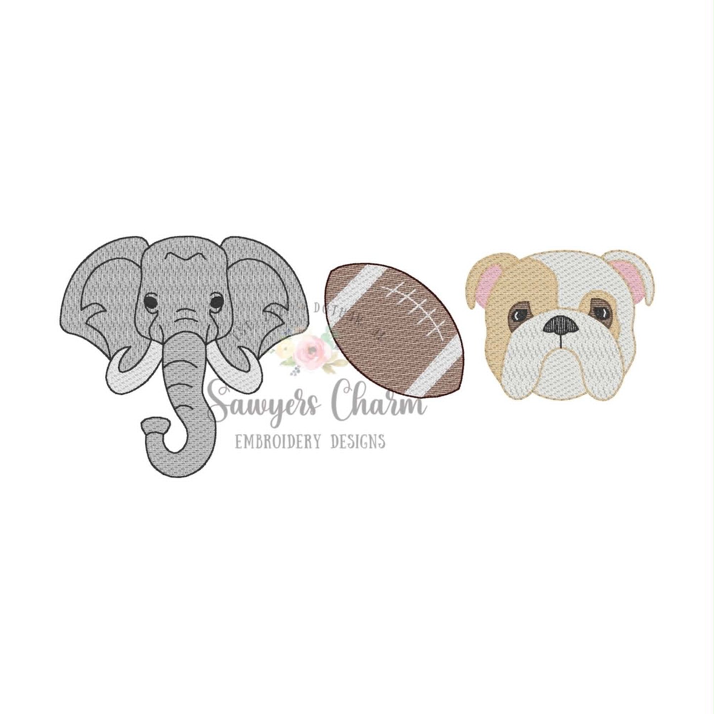 Elephant, football, bulldog with two colors trio, sketch stitch embroidery design BUNDLE, with/without bow, House Divided
