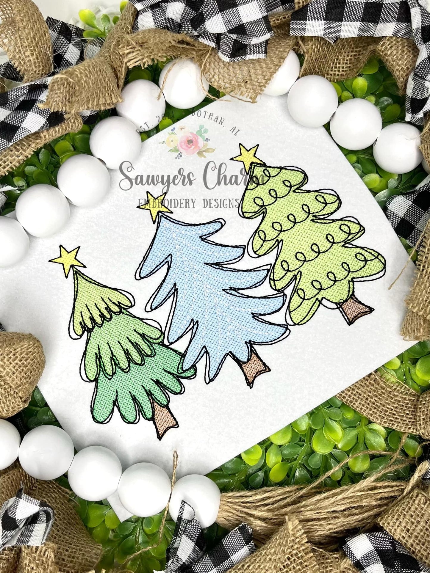 Whimsical Christmas trees trio with stars sketch stitch machine embroidery design, Woodland, boho, modern, trendy, preppy, happy holidays