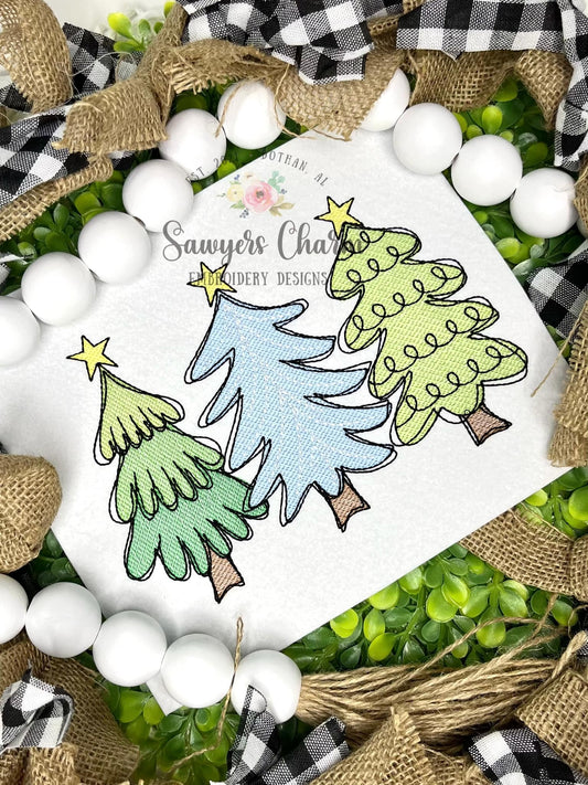 Whimsical Christmas trees trio with stars sketch stitch machine embroidery design, Woodland, boho, modern, trendy, preppy, happy holidays