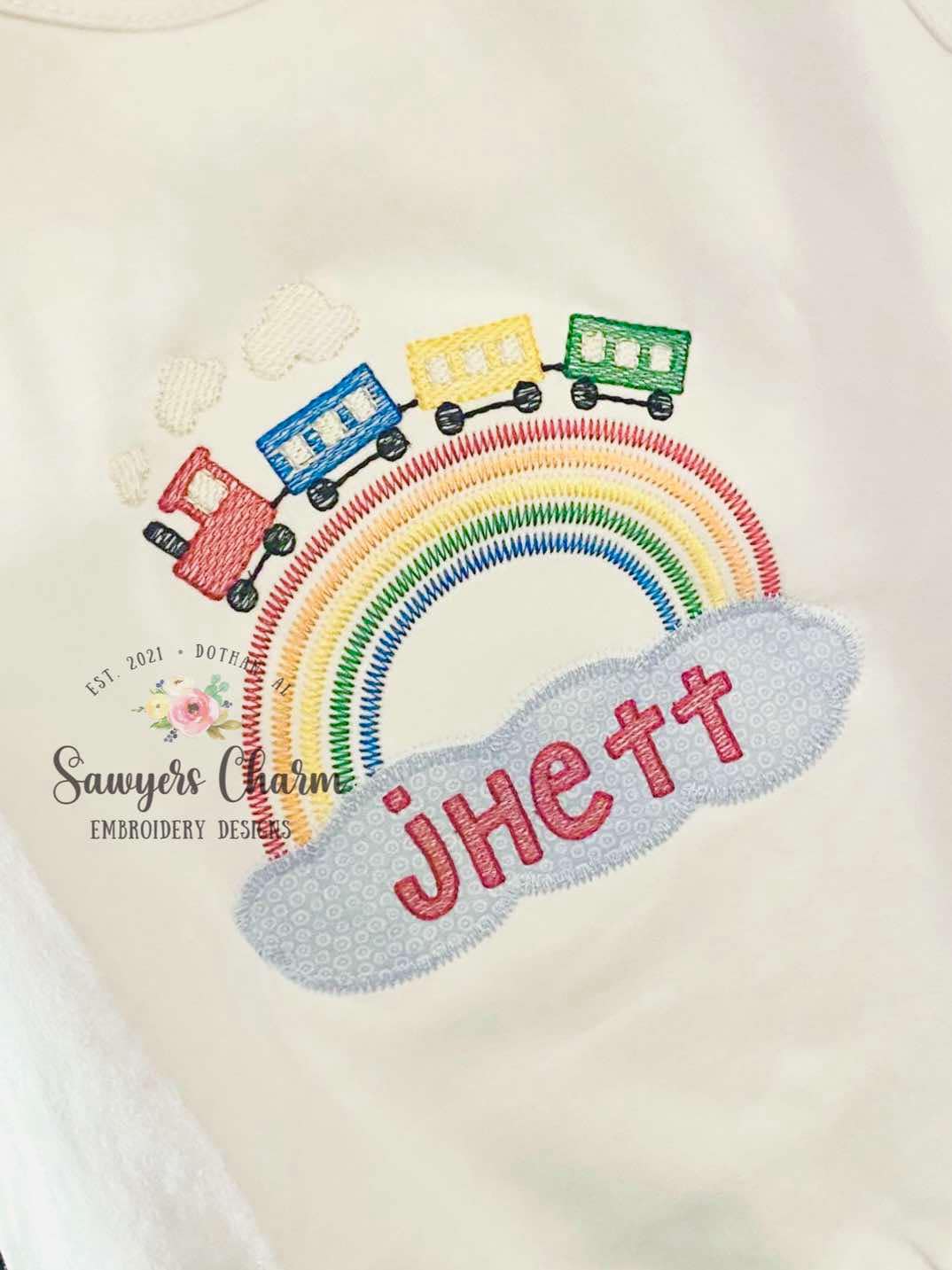 Train locomotive rainbow, sketch stitch machine embroidery design, cloud zig zag applique name plate/monogram frame
