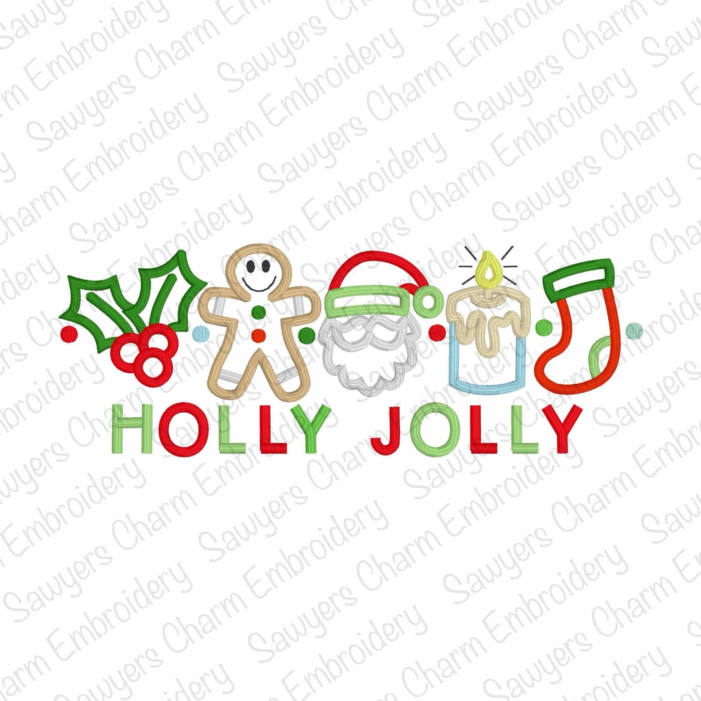 Holly Jolly Doodles Christmas satin stitch machine embroidery design file, Holly berries, gingerbread, Santa Claus, candle, stocking