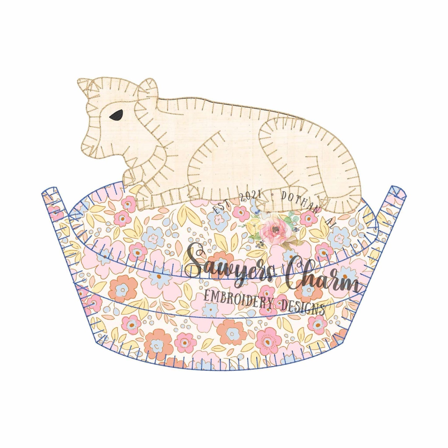 Cow on nest blanket stitch machine applique embroidery design, Vintage spring, farm calf
