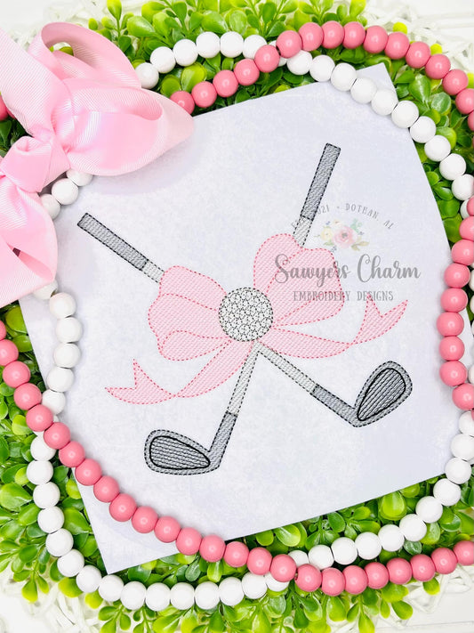 Golf clubs with coquette bow & golf ball sketch stitch machine embroidery design, spring sports, masters