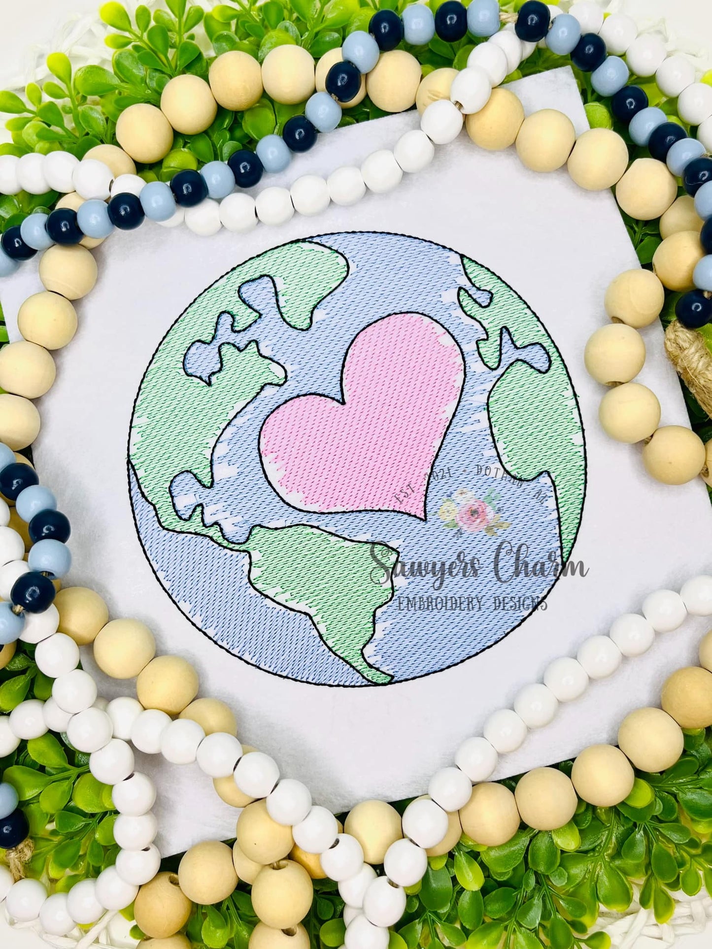 Earth Heart Sketch Stitch Embroidery Design, Watercolor Planet (Digital Download)