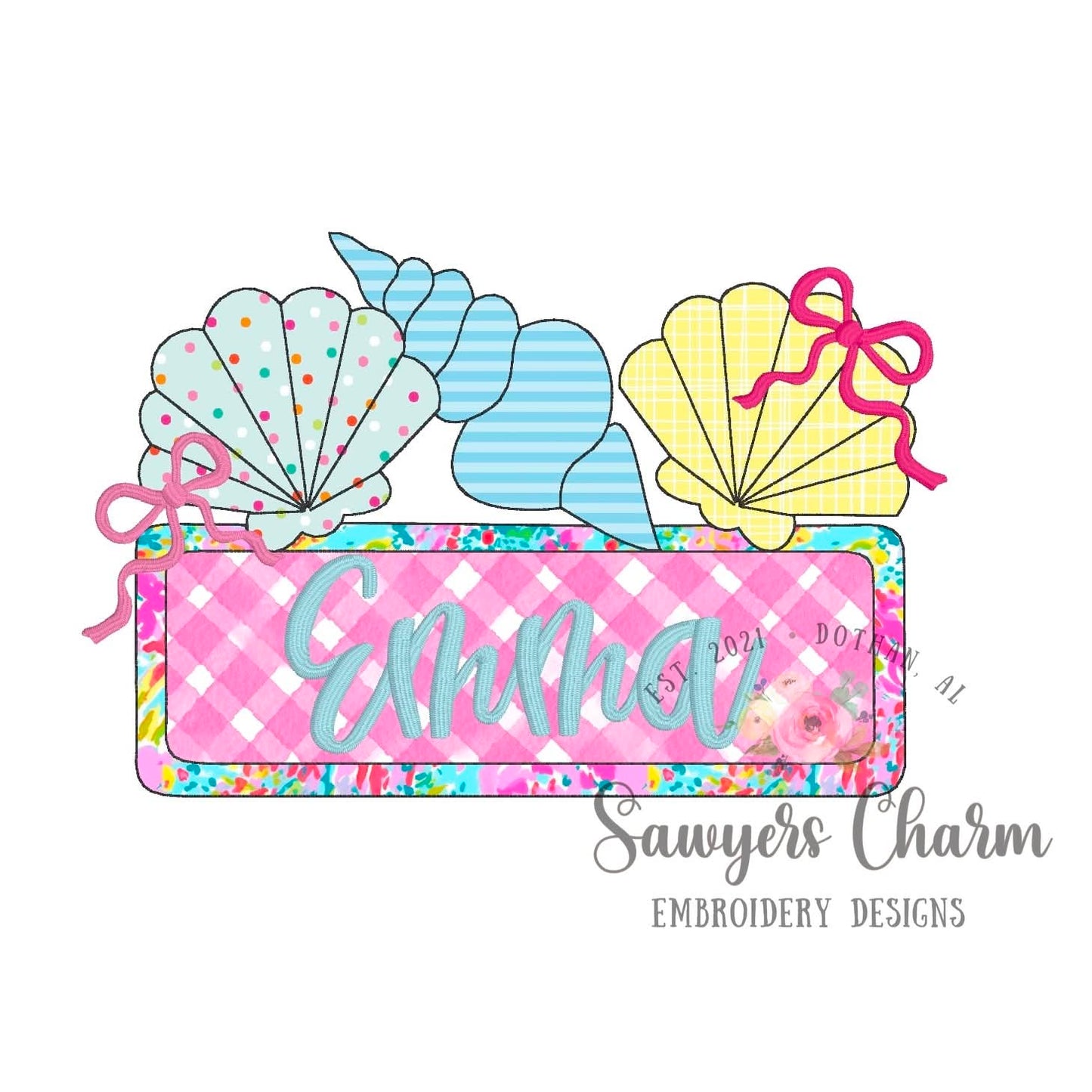 Seashells trio with name plate bean stitch applique BUNDLE, with/without coquette bow, beach summer