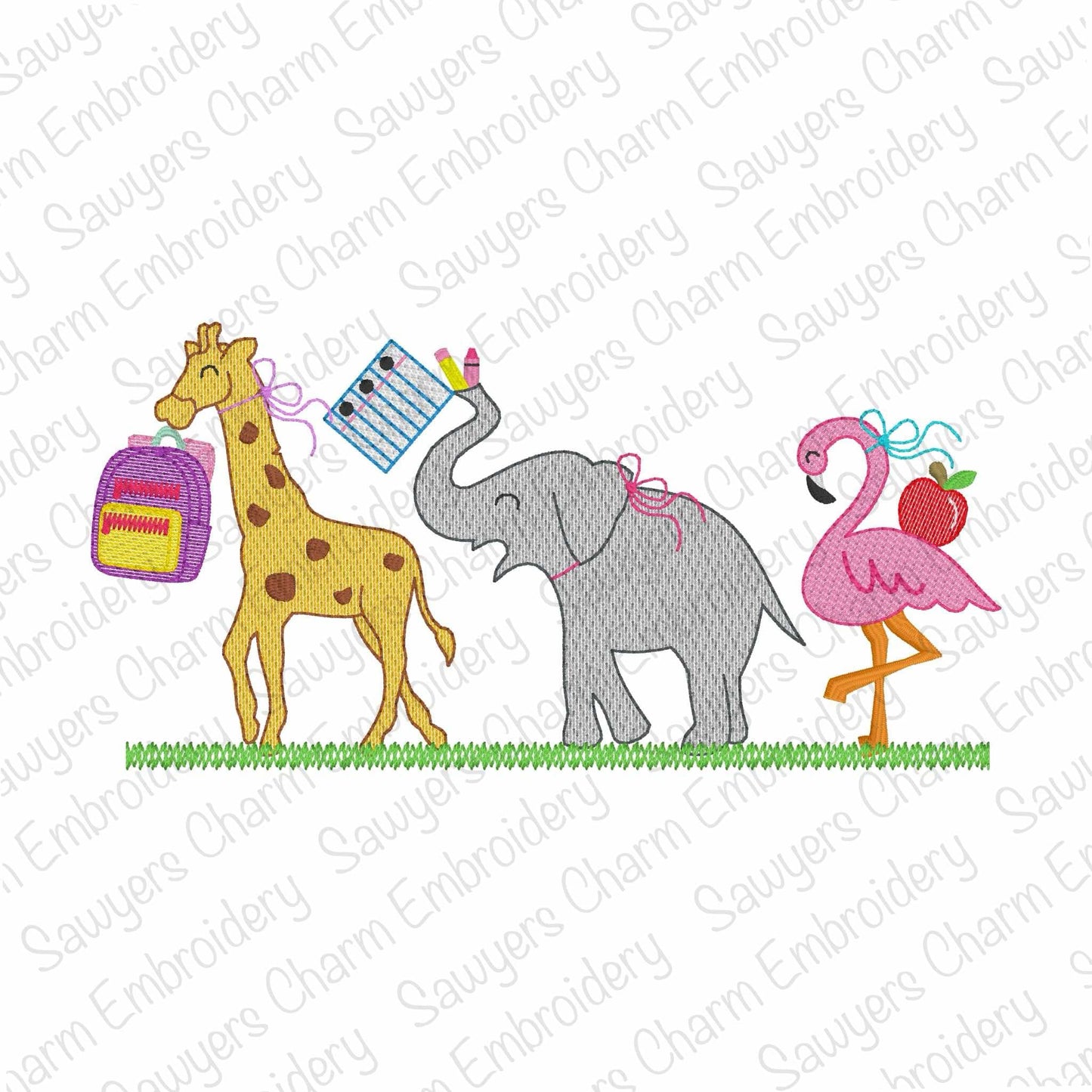 BUNDLE Back to school Zoo/jungle/safari animals with/without bows sketch stitch trio, machine embroidery design, giraffe, elephant, flamingo