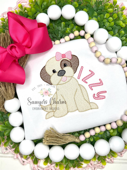 Puppy dog with coquette bow machine embroidery design, Sketch stitch