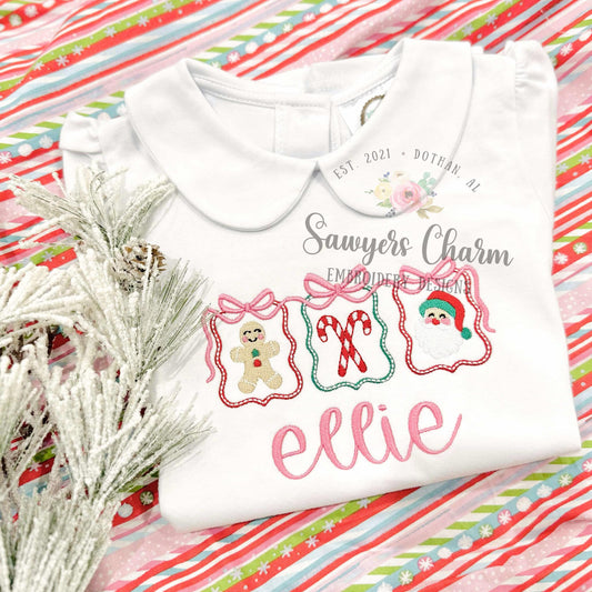 Coquette Bows Christmas frames trio satin stitch machine embroidery design, happy holidays, Gingerbread, candy canes, Santa Claus mini fill