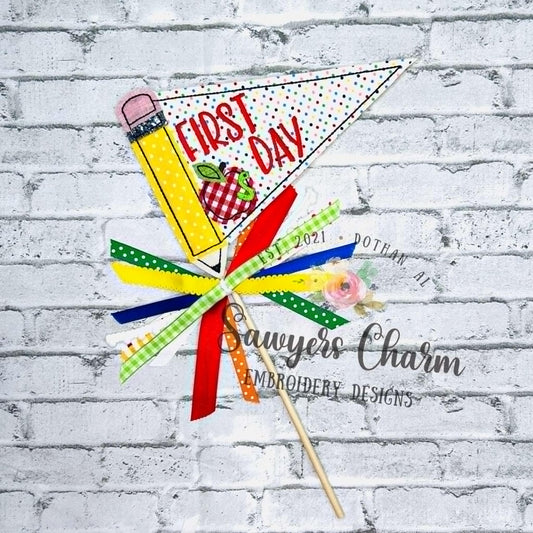 Back to school pennant bean stitch applique, embroidery design, includes pencil, apple, & worm