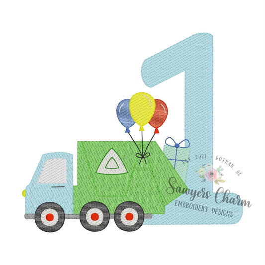 Number ONE Garbage truck & balloons sketch stitch embroidery design, first birthday, trash truck