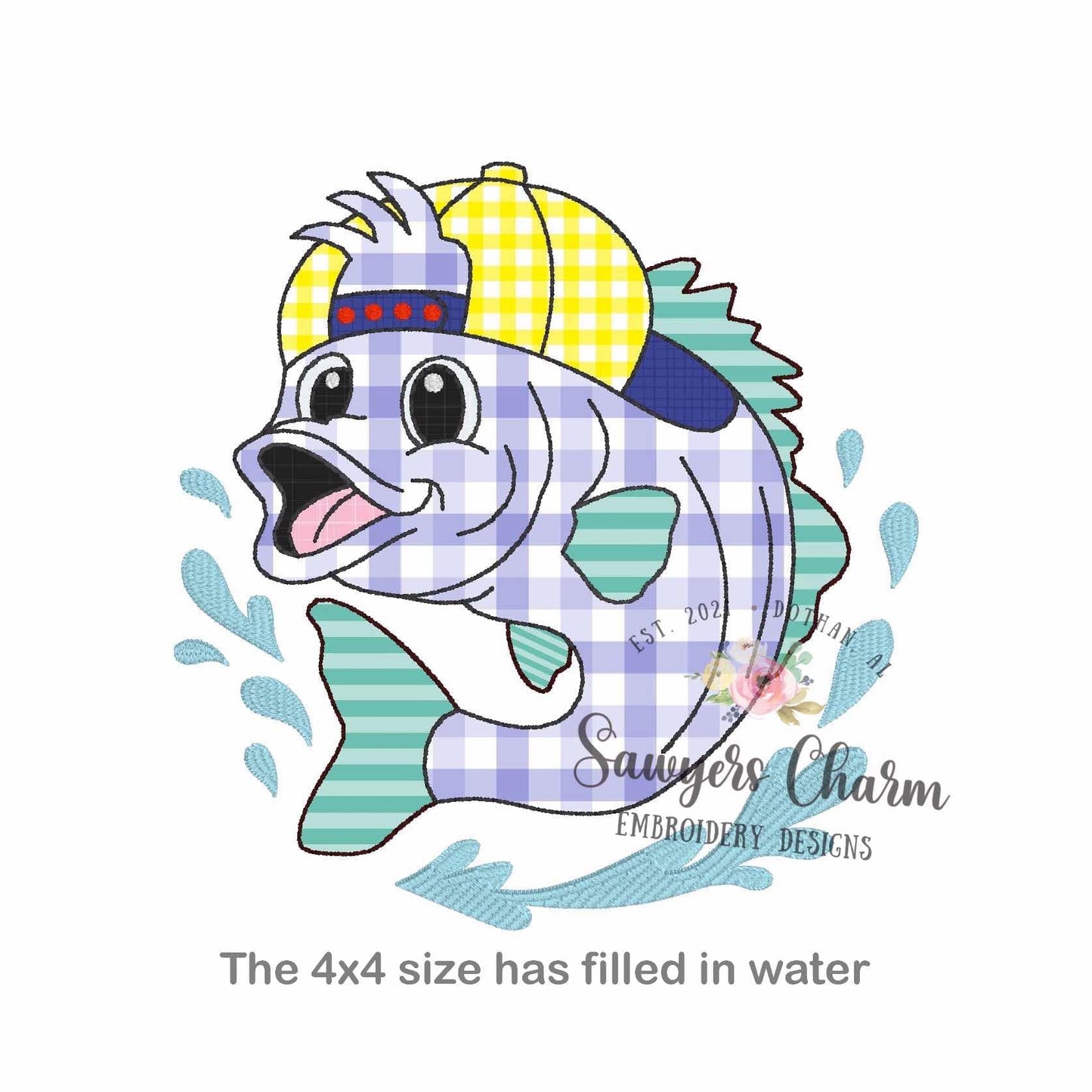 Bass fish bean stitch applique, embroidery design, ballcap/hat, summer fishing, lots of sizes included