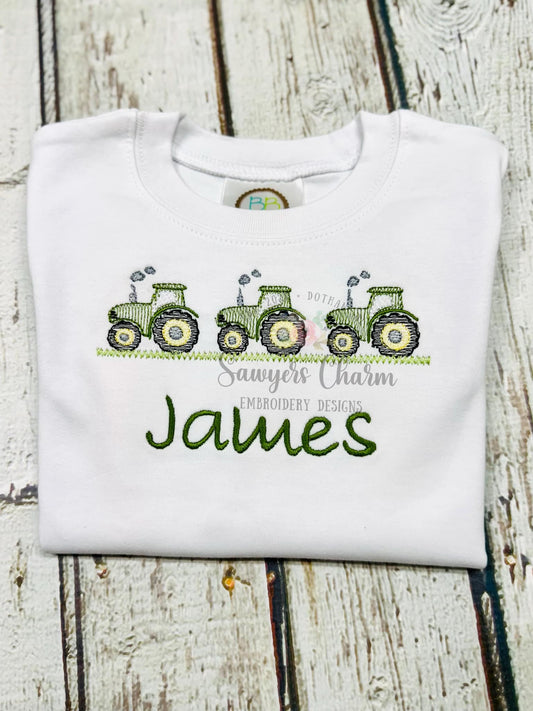Tractor with smoke trio sketch stitch machine embroidery design file, quick stitch, spring harvest, farm, farmer, field