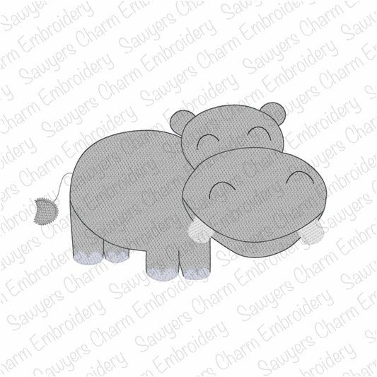 BUNDLE Hippo sketch stitch machine embroidery design, With/without coquette bow, zoo animal, hippopotamus
