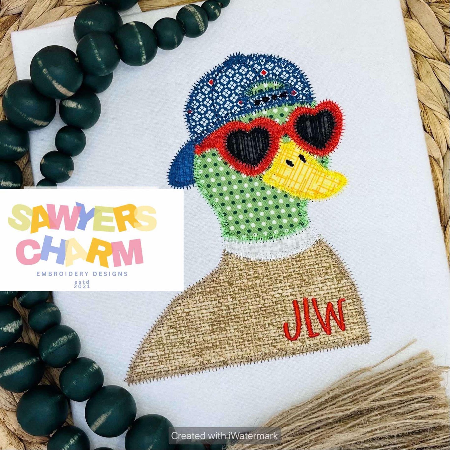 BUNDLE Valentine's Day Mallard duck with ball cap/hat and heart sunglasses bean & zig zag stitch machine applique embroidery design