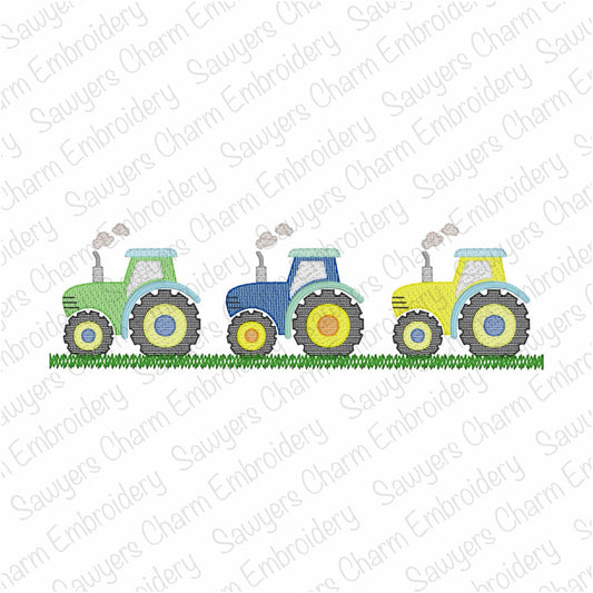 Tractor with smoke trio sketch stitch machine embroidery design file, quick stitch, spring harvest, farm, farmer, field