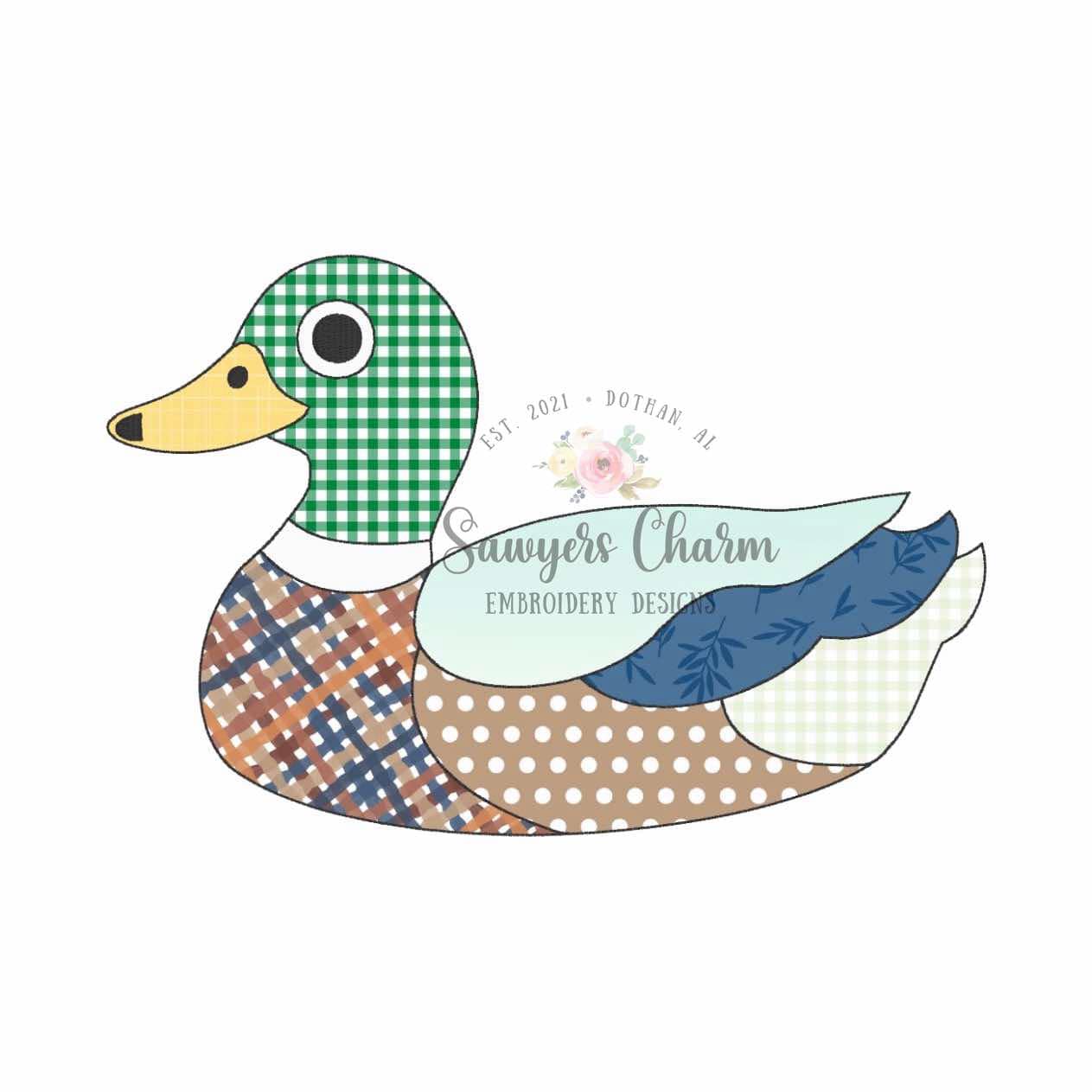 BUNDLE Patchwork mallard duck bean stitch machine applique embroidery design, with/without coquette bow, Vintage spring