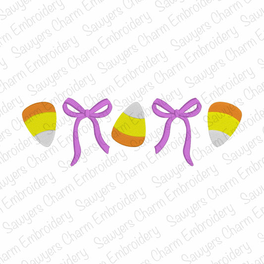 Trendy coquette bows & candy corn fill stitch, machine embroidery design file, fall halloween, trick or treating, spooky season