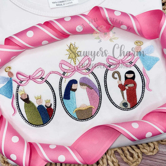 Nativity scene with angels & bethlehem star oval frame trio, fill stitch machine embroidery design, holidays, Christmas, Baby Jesus, wisemen