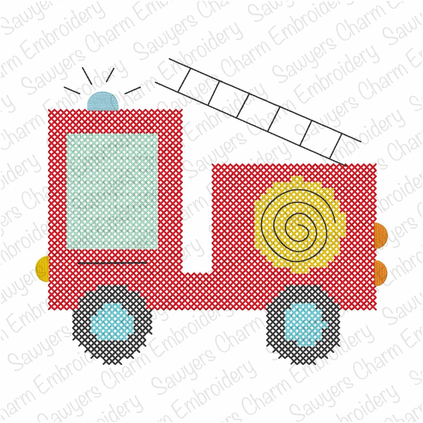Firetruck cross stitch machine embroidery design file, vintage stitch, mini sizes included, firefighter truck