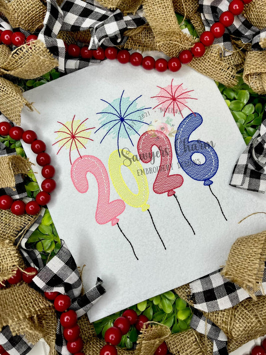 2026 Balloons with fireworks sketch stitch machine embroidery design file, quick stitch, happy holidays, Happy New Year, celebration, party