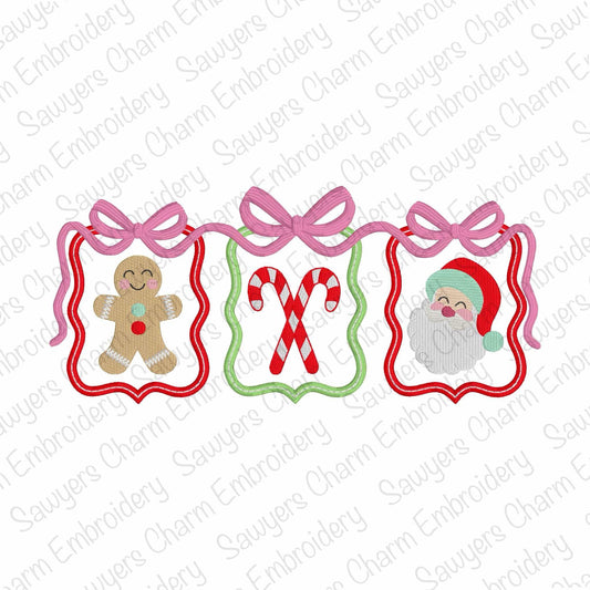 Coquette Bows Christmas frames trio satin stitch machine embroidery design, happy holidays, Gingerbread, candy canes, Santa Claus mini fill