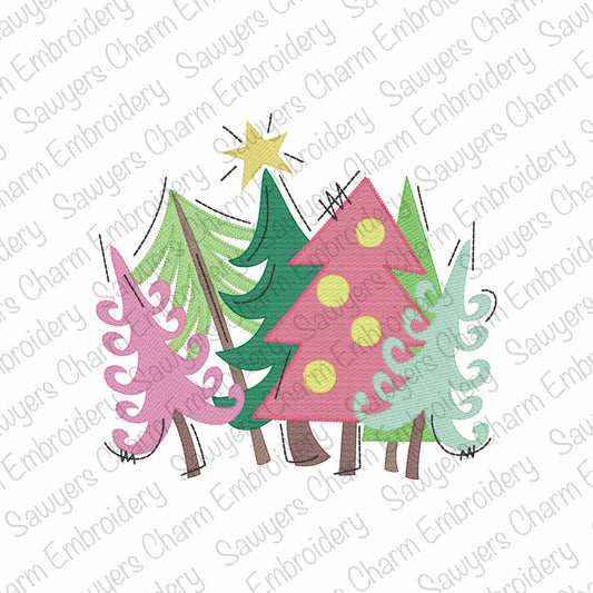 Whimsical, modern, woodland trees with star light fill sketch stitch machine embroidery design, happy holidays, Merry Christmas, coquette
