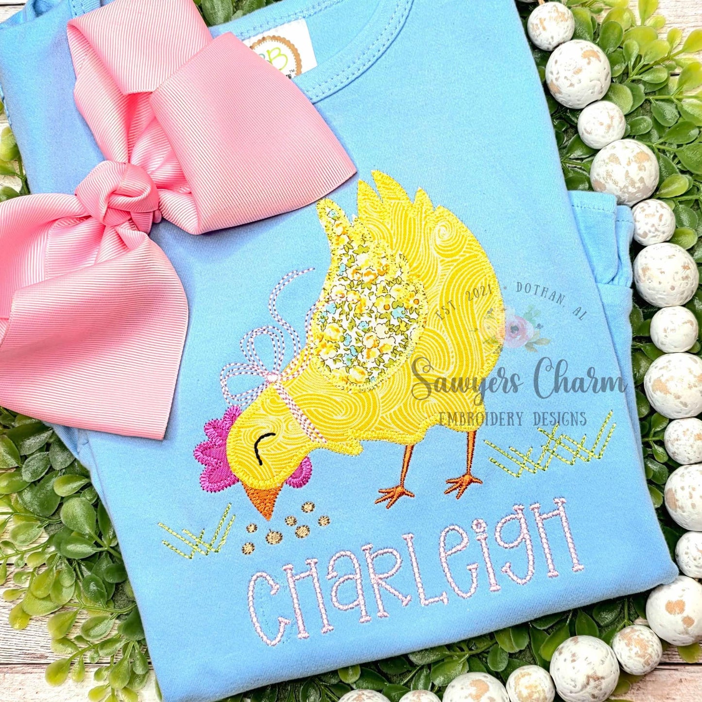 BUNDLE Chicken with bow zig zag & bean stitch applique, machine embroidery design file, quick stitch, farm animal, feed, spring grass hen