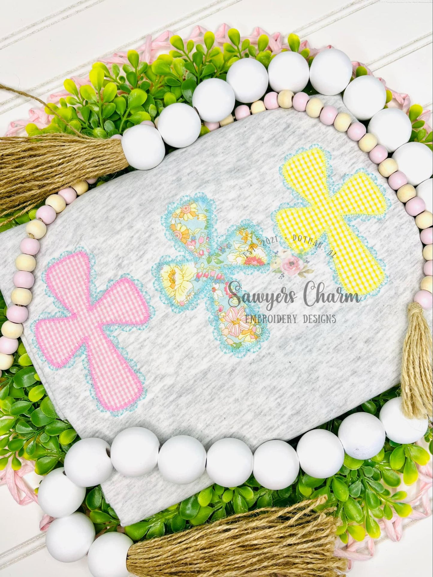 Lace cross trio machine applique embroidery design, Zig zag stitch, large sizes included, Easter Sunday